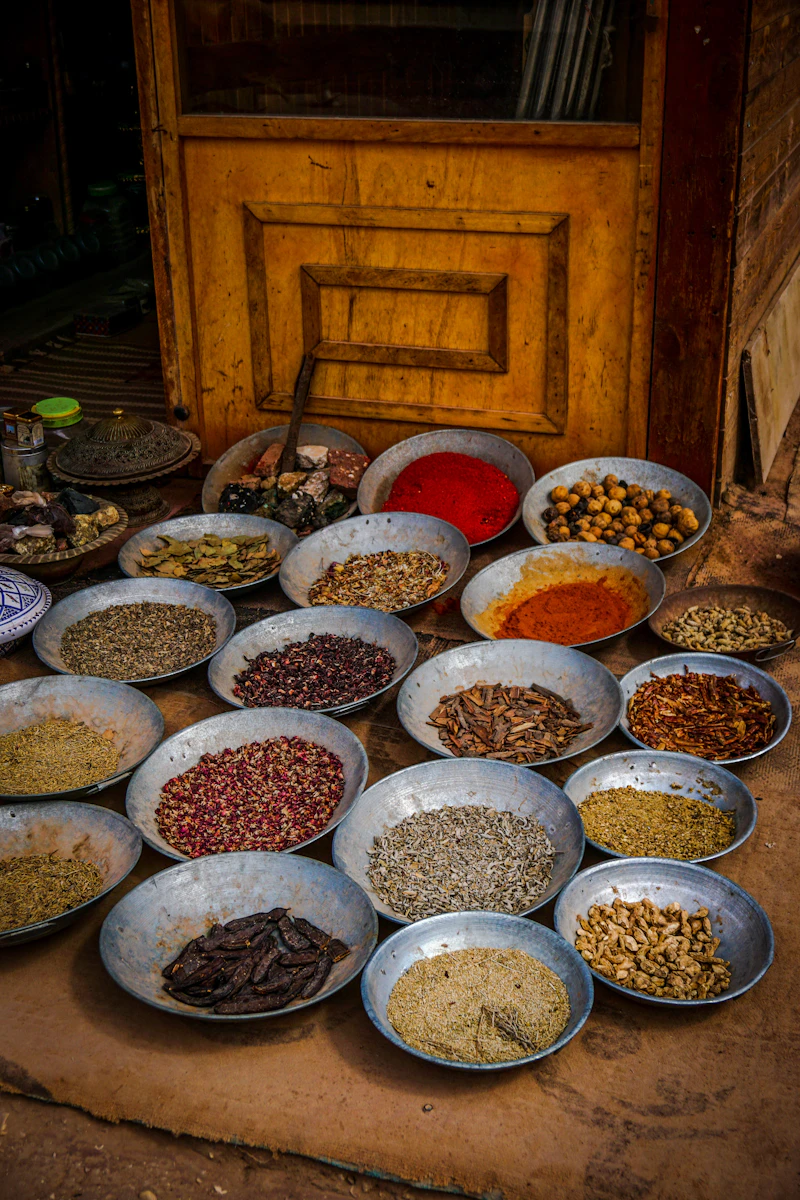Assorted spices displayed in bulk for wholesale buying